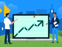 Illustration of two enterprise sales people in front of a graph with an arrow pointing up.
