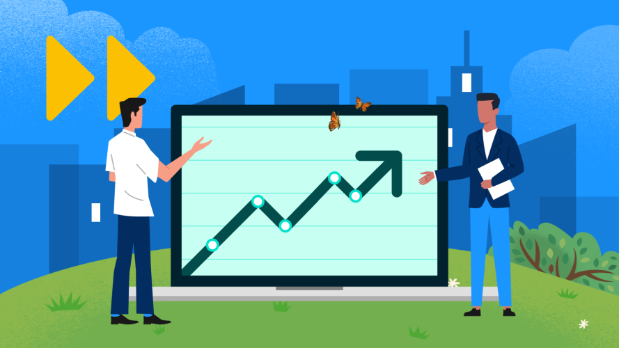 Illustration of two enterprise sales people in front of a graph with an arrow pointing up.