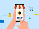 An illustration showing someone making a mobile commerce purchase on their phone.