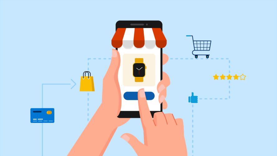 An illustration showing someone making a mobile commerce purchase on their phone.