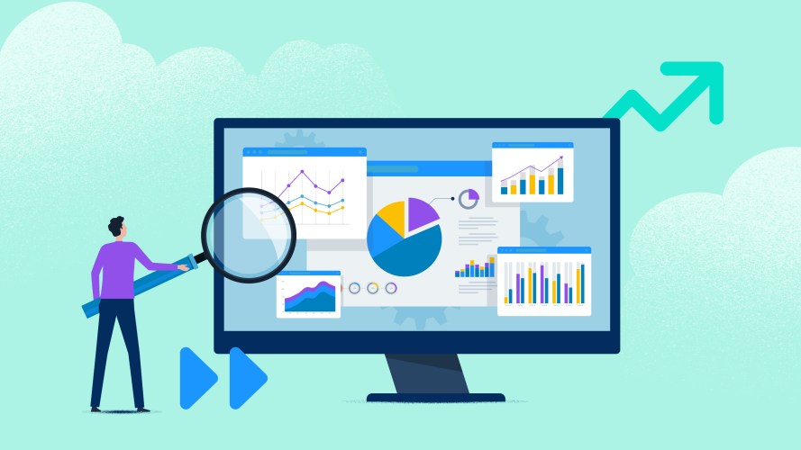 What is sales management? A salesperson with a magnifying glass, analyzing a performance dashboard.