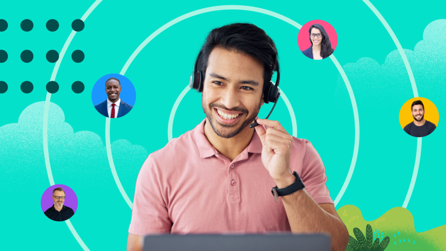 Photo of a customer obsessed sales rep taking calls on a headset on a teal background