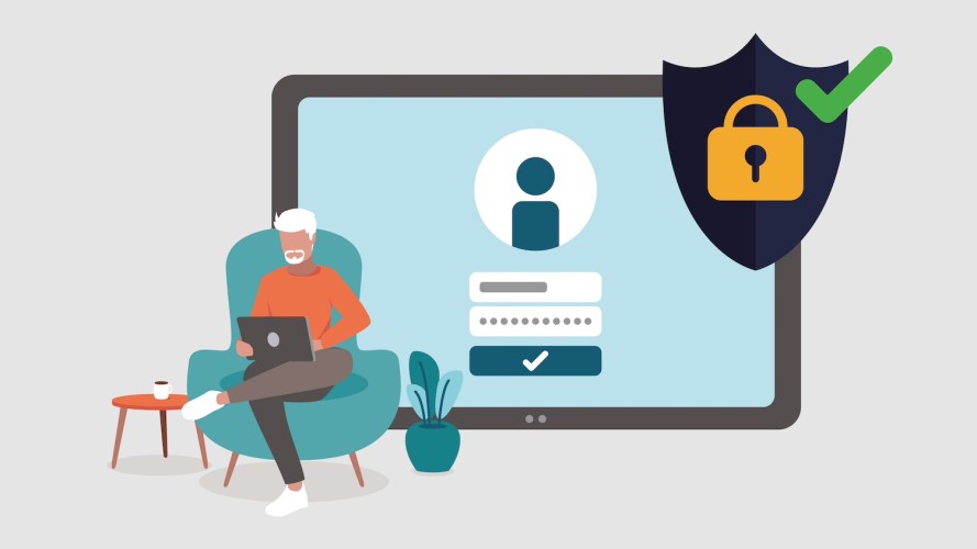 Illustration of a man sitting on a chair with his laptop, behind him is an illustration of a secure login screen / cybersecurity