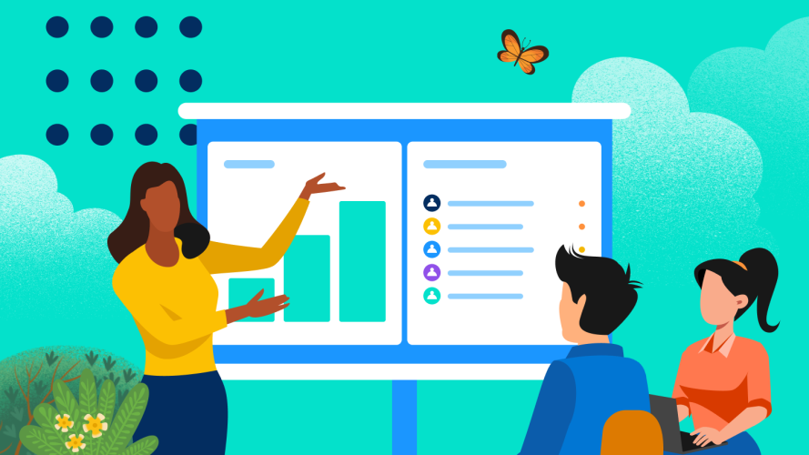 Graphic of a woman standing in front of a bar chart giving a sales leadership presentation