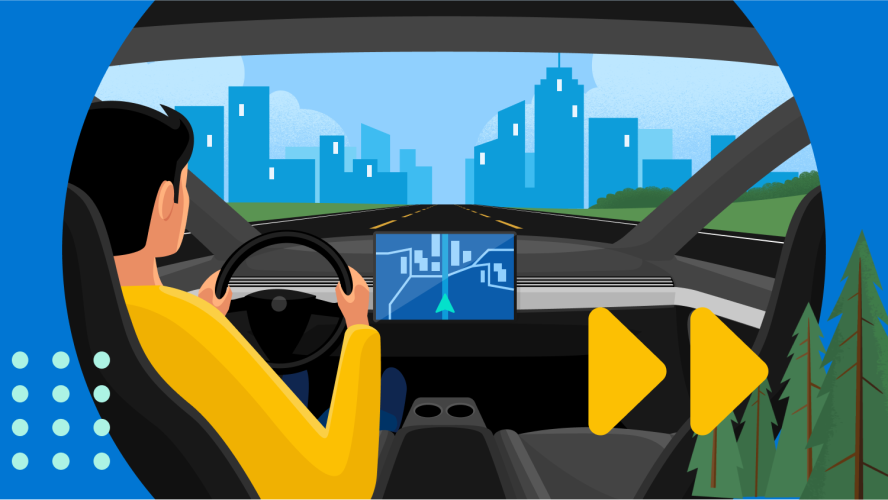 Graphic of a sales rep driving in a car with a sales route planning map