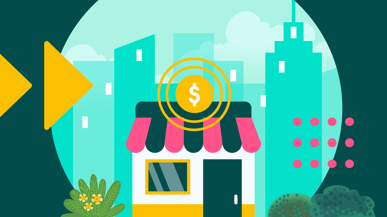 Illustrated graphic of a small business with a dollar sign