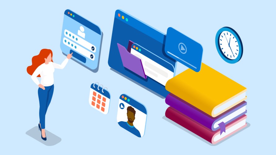 An education trends illustration showing a student looking at stack of textbooks and a number of different web page tabs showing things like a calendar, a student login screen, and saved classwork files.