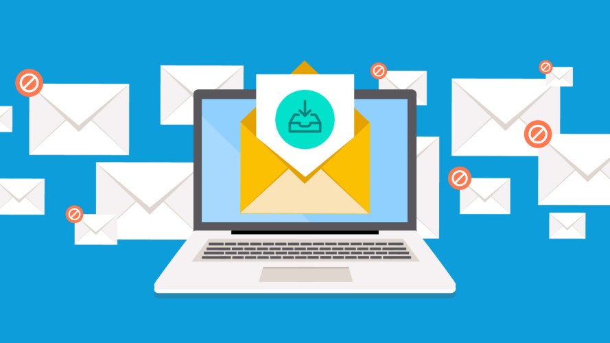 Illustration on a blue background of email envelopes floating around a laptop / email deliverability