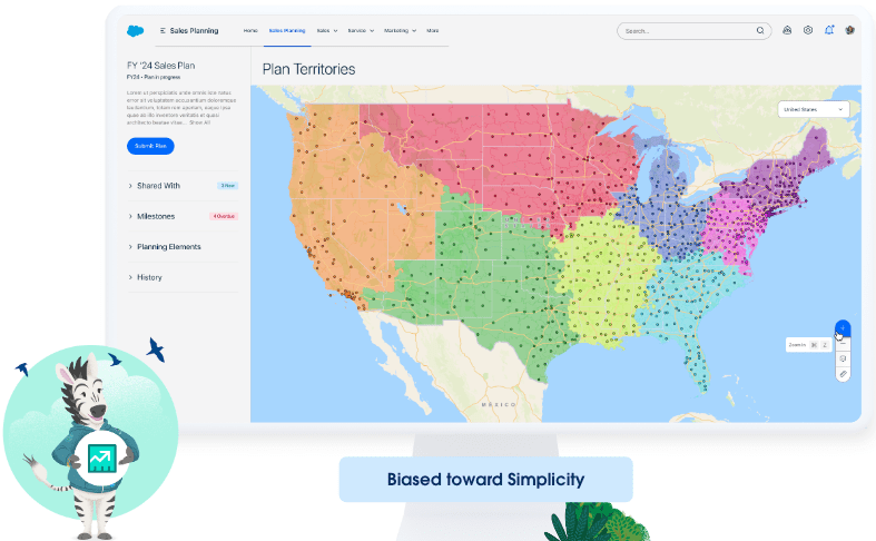 U.S. map in Salesforce, divided into color-coded territories and shows points that represent customers.