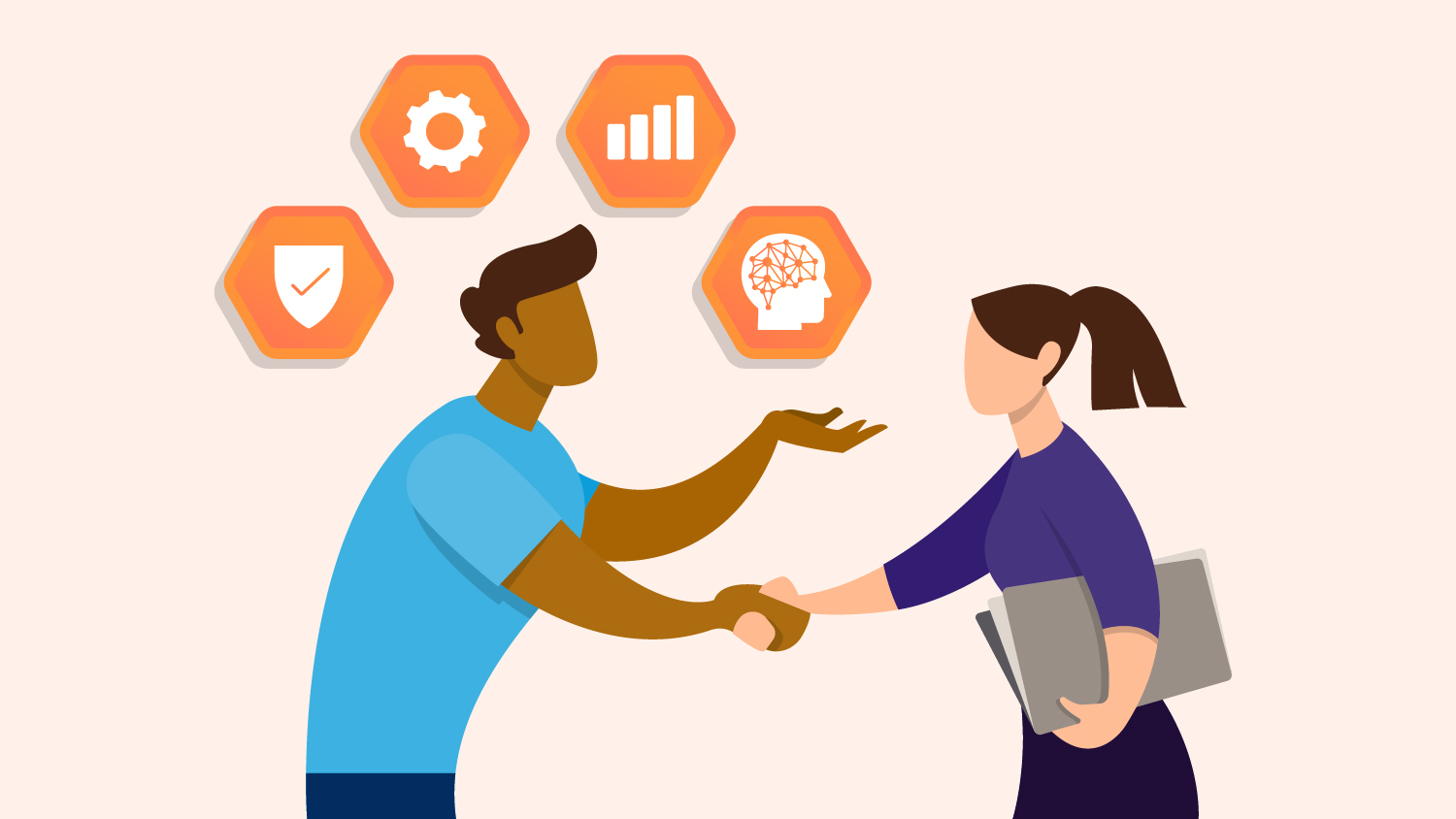An illustration of a businessman and business woman shaking hands with four bubbles over their heads representing data, CRM, AI, and strategy. / zero copy integration