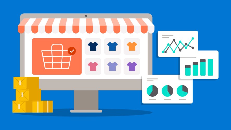 Computer screen shows B2B commerce capabilities and graphs to depict tracking metrics