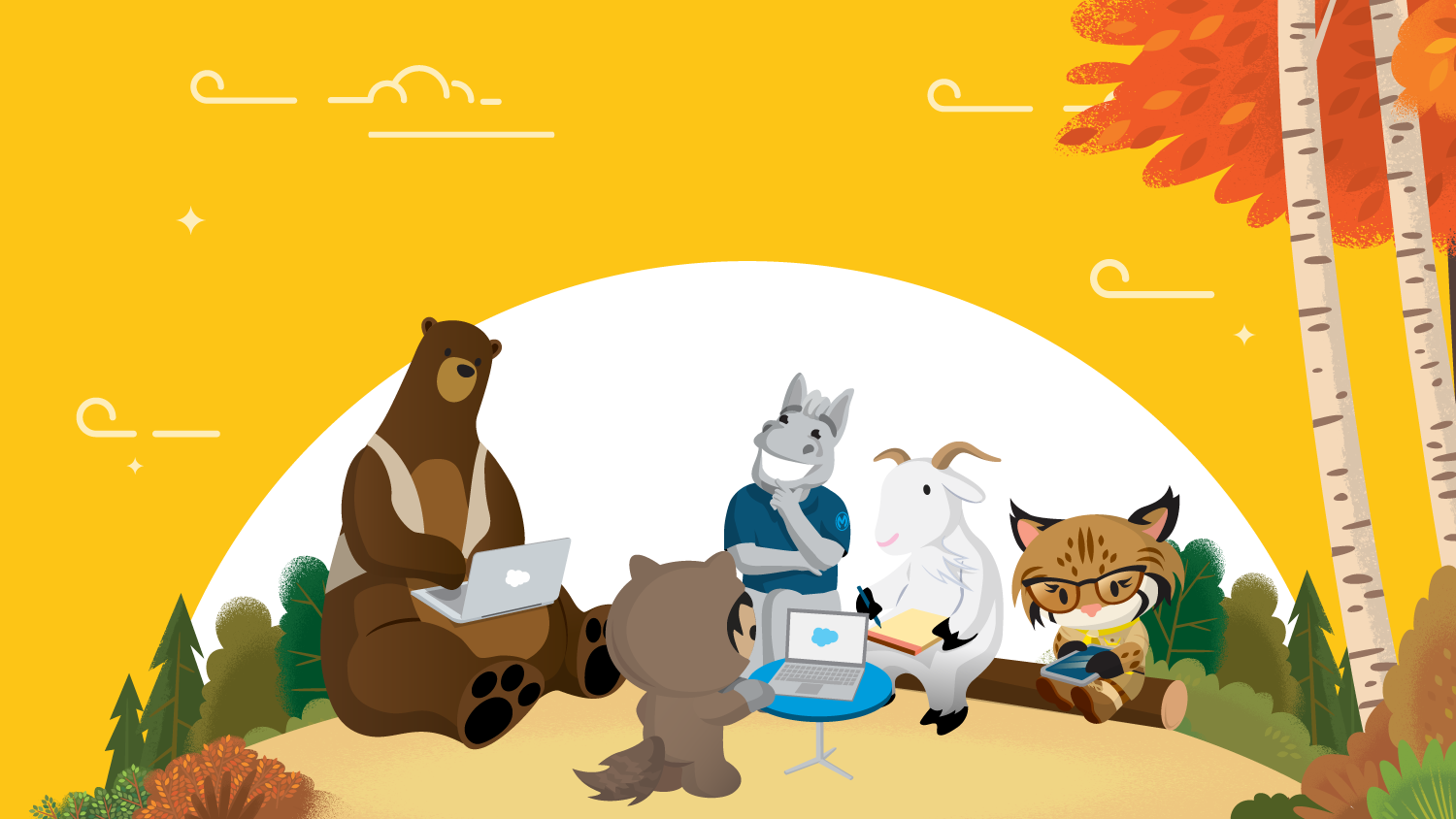 Trailhead mascots reading the Salesforce Ecosystem Job Skill Trends report.