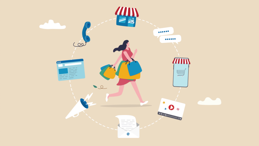 Illustration of girl shopping / Keep Your B2C Commerce Platform Secure During Peak Shopping Seasons