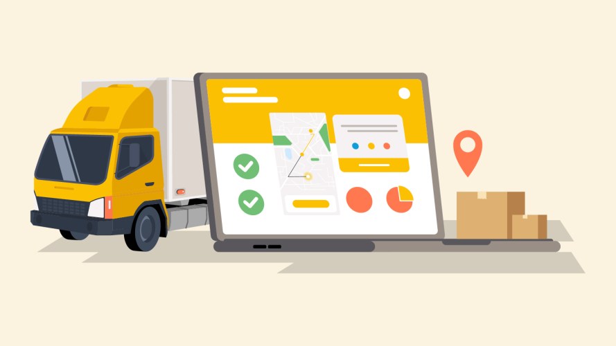 An illustration of a yellow truck and a stack of boxes next to a laptop computer showing package tracking information: what is order management