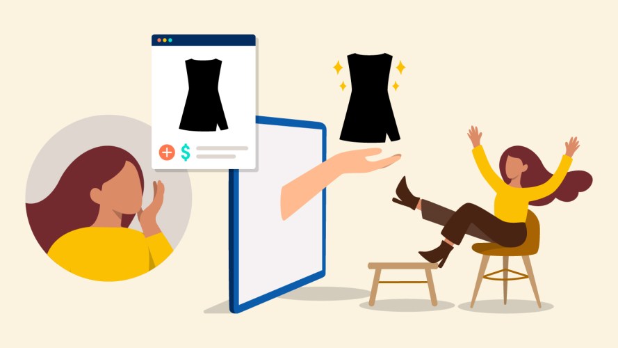 Illustration showing lead generation in action: a young woman shopping for a black dress online, looking excited when she receives it.