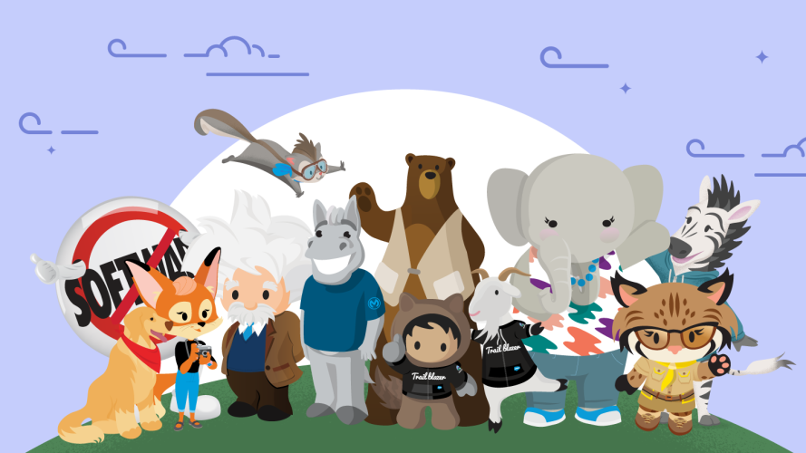 Group of all the Salesforce characters standing on a hill