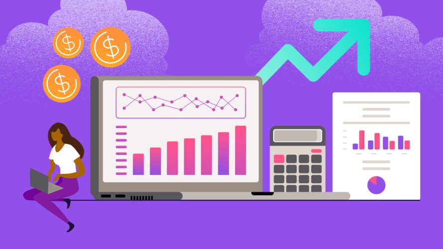 Illustration of a person working on a computer with bar charts calculating sales growth