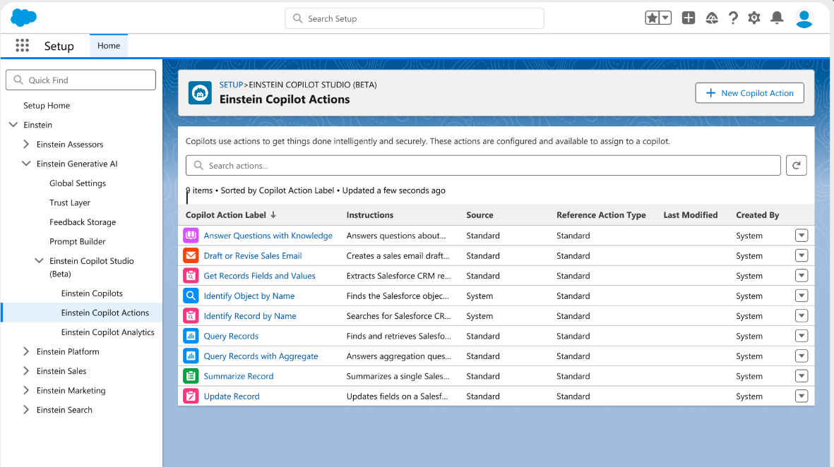 View of the set up screen for Einstein Copilot Actions.