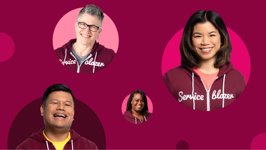 4 smiling Serviceblazers in circles - 3 women and 1 man - all in maroon hoodies with the word Serviceblazer on them