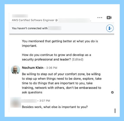 Screenshot of a LinkedIn message from an attacker trying to escalate a conversation o try to get information.