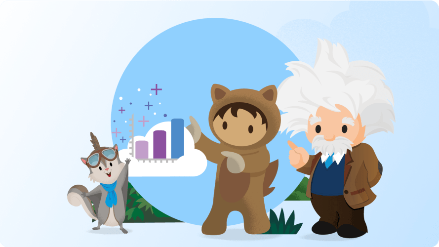 Salesforce characters Flo, Astro, and Einstein pointing at a graph