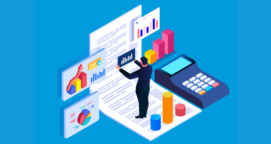 A key account management pro stands on a printout surrounded by bar graphs, pie charts, and an oversized calculator.