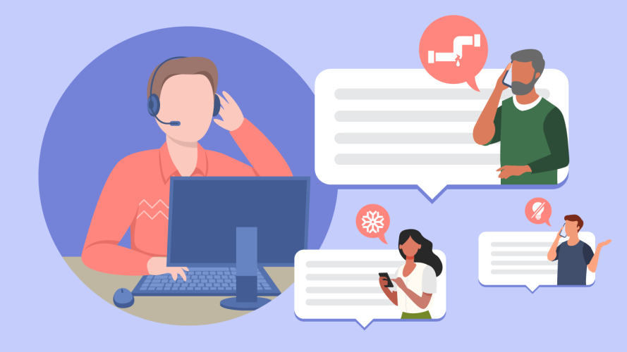Illustration of a customer service agent for a utilities company with a headset helping three customers; one with a broken pipe, one with now power, and one with an AC issue