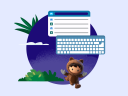 An illustration of an AI assistant chat interface, an stock image of a keyboard and the Salesforce character Astro.