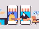 Illustration on a grey background of two business people shaking hands through smartphones / personalized marketing