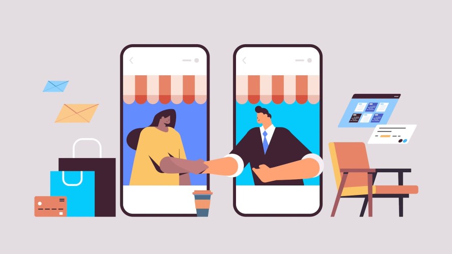 Illustration on a grey background of two business people shaking hands through smartphones / personalized marketing