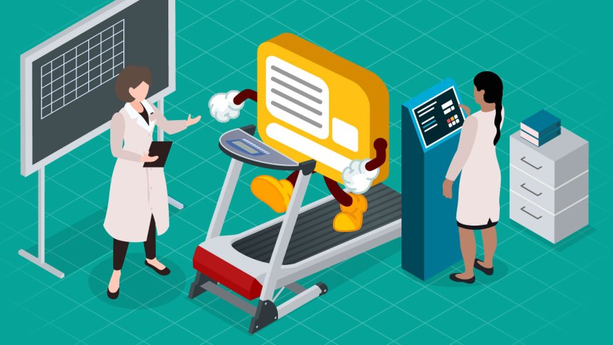Illustration of a document running on a treadmill with two doctors in lab coats observing and tracking data.