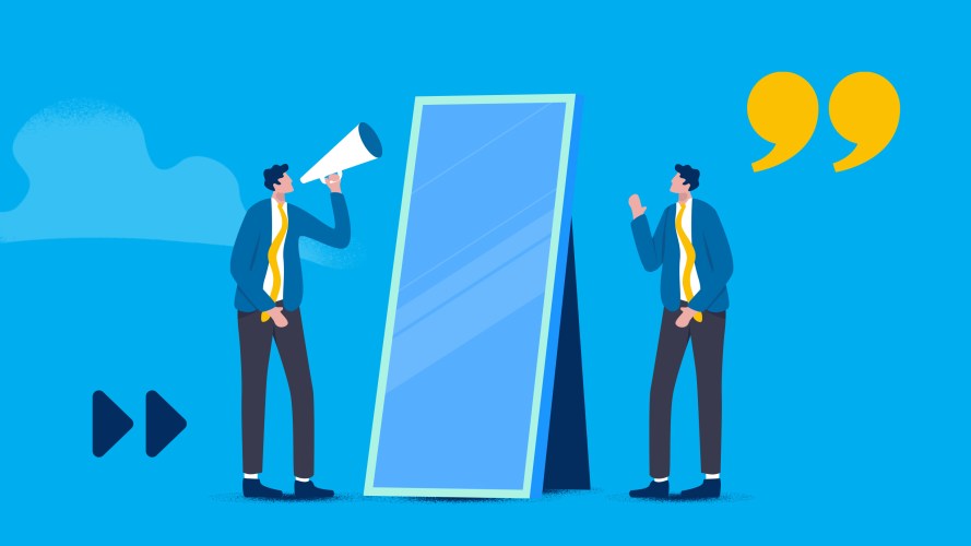 Mirroring in sales: a rep with a megaphone stands in front of a mirror, someone on the other side mirrors his body position.