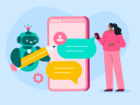 Illustration: A female customer in pink interacts with the best AI chatbot on her mobile device