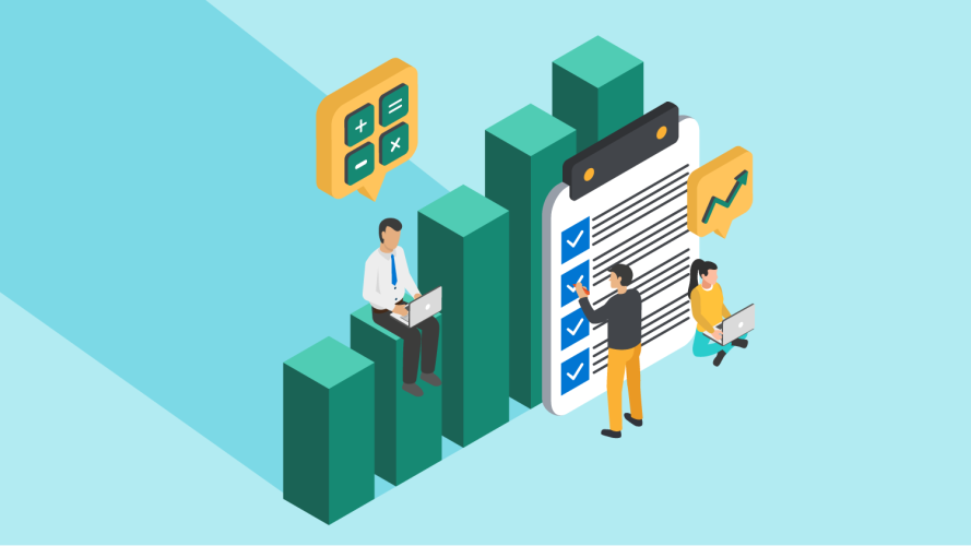 Illustration of a green bar chart representing financial services with a man and a woman on a laptop and a man checking off a checklist.