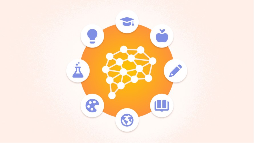 Graphic with AI symbol surrounded by education symbols.