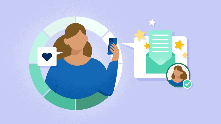 Illustration on a purple background of a woman receiving an email / lifecycle marketing