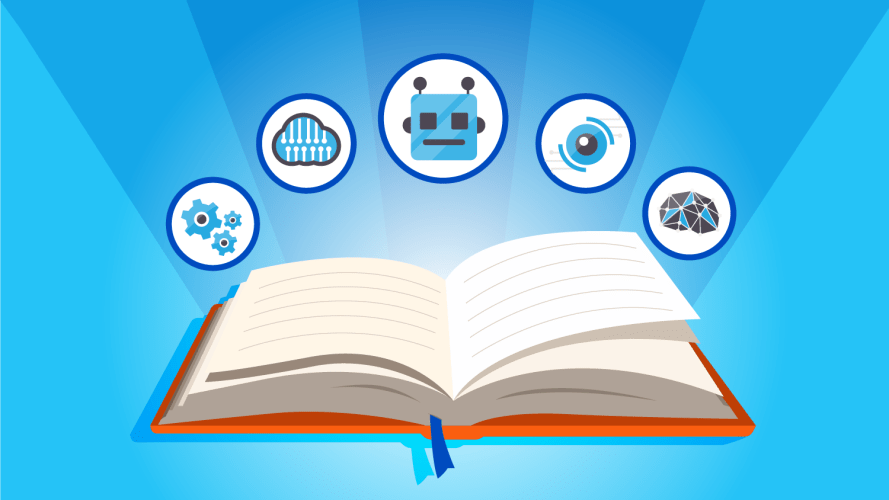 An illustration of an open book with 5 bubbles floating above it, each one representing a different element of AI.