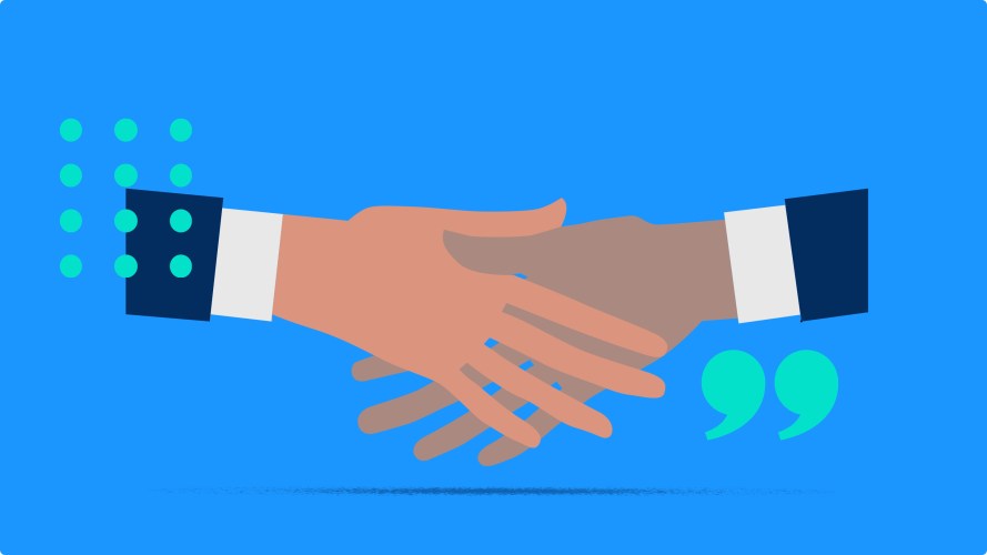 Illustration of shaking hands on a blue background to signify Always Be Closing.
