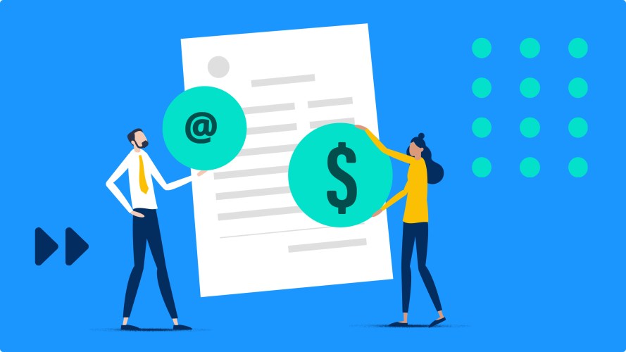 Illustration of two people holding dollar icons looking at an invoice
