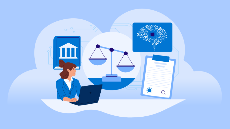 Illustration of a professionally dressed woman on a laptop, while legal and AI symbols are in the background / generative AI regulations