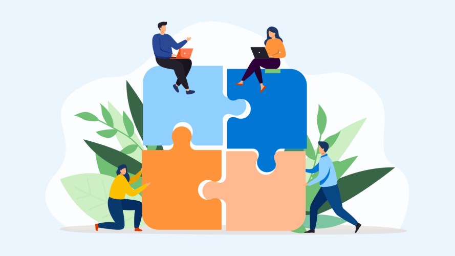 An illustration showing people putting four puzzle pieces together