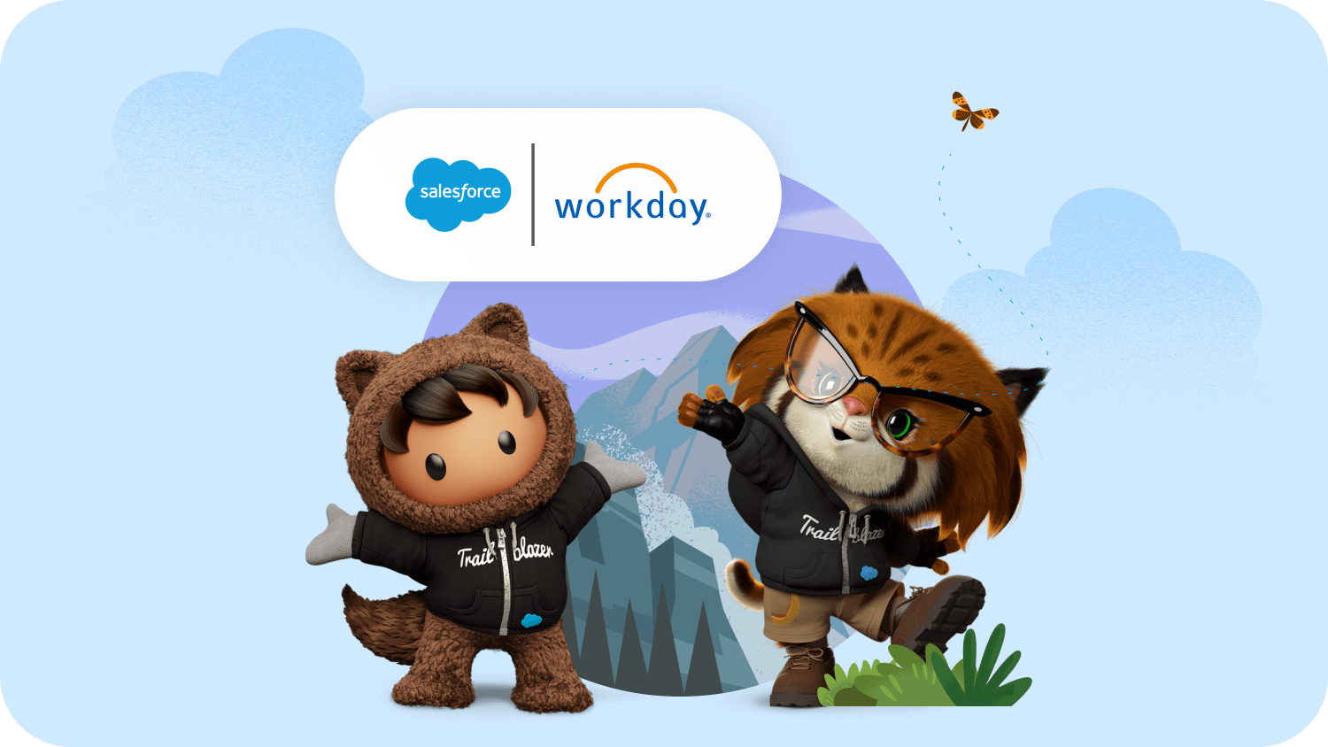 An illustration showing the partnership between Salesforce and Workday with two Salesforce characters in front of a nature scene.