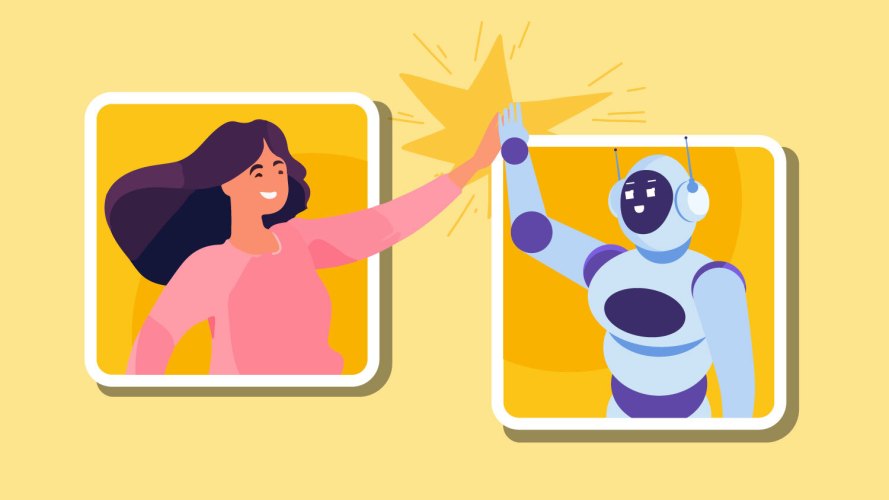 Illustration of a woman giving a high five to a robot / AI agents