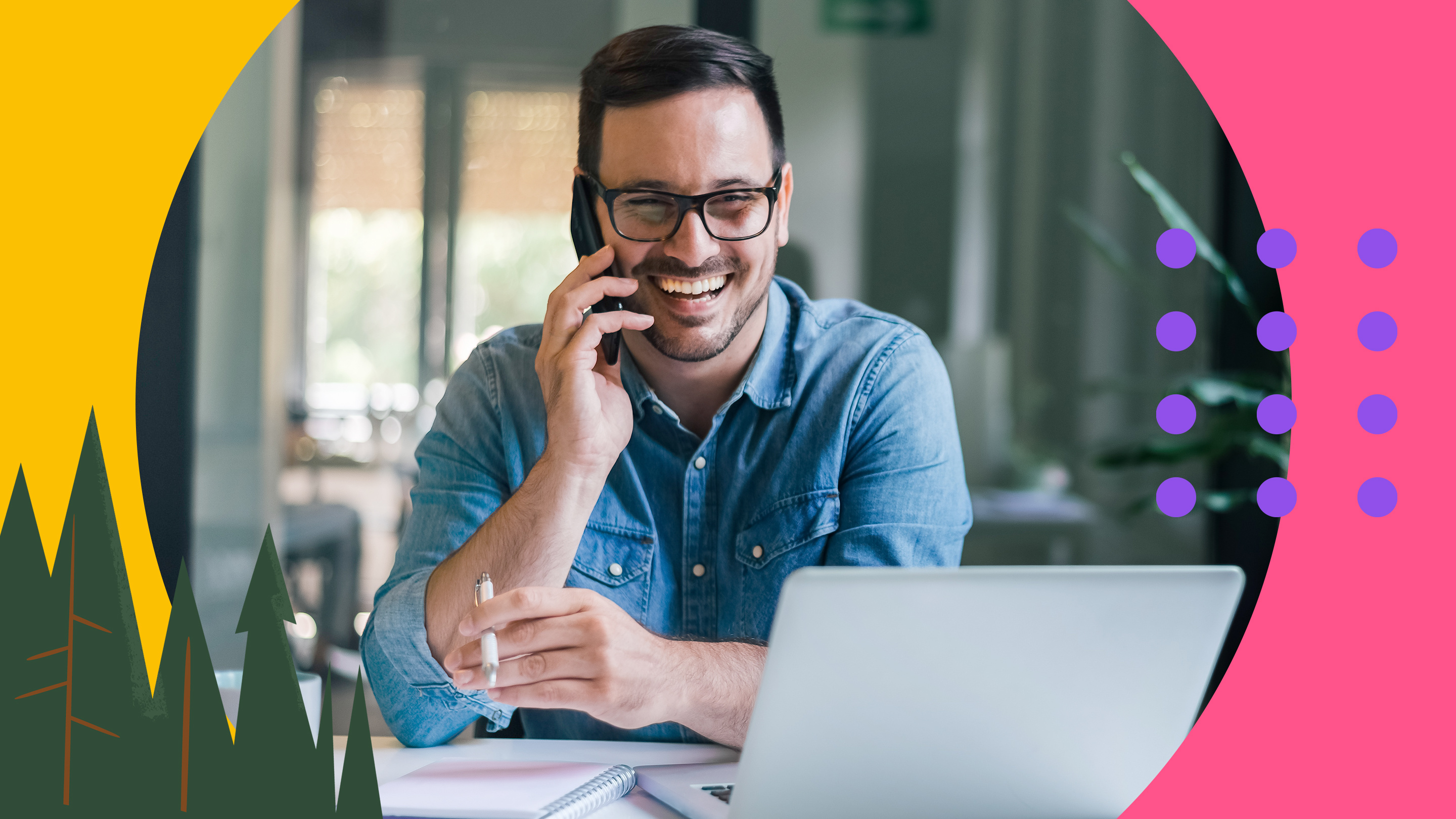 Sales rep smiling and talking on the phone while using a laptop and sales prospecting tools.