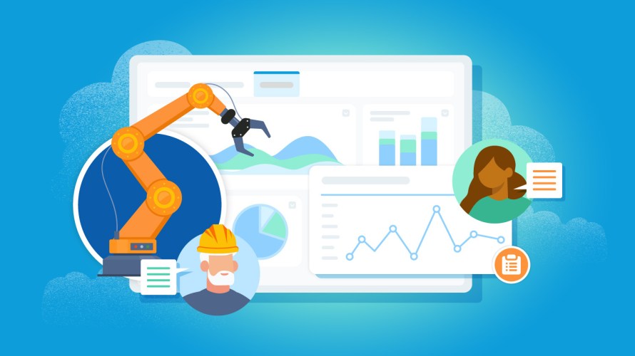 Illustration representing key manufacturing trends, including a mechanical arm, an older worker in a hard hat, a customer service agent, and a screen with graphs and charts on it.