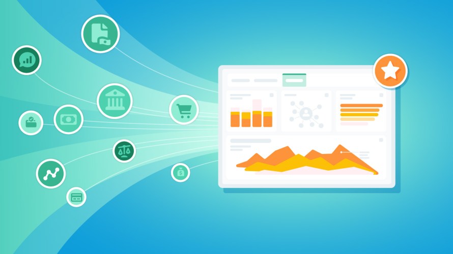 Illustration of data flowing from various points into a single source. Data is represented by flowing lines and icons related to financial services. The single source is depicted by a screen with various charts and graphs on it.