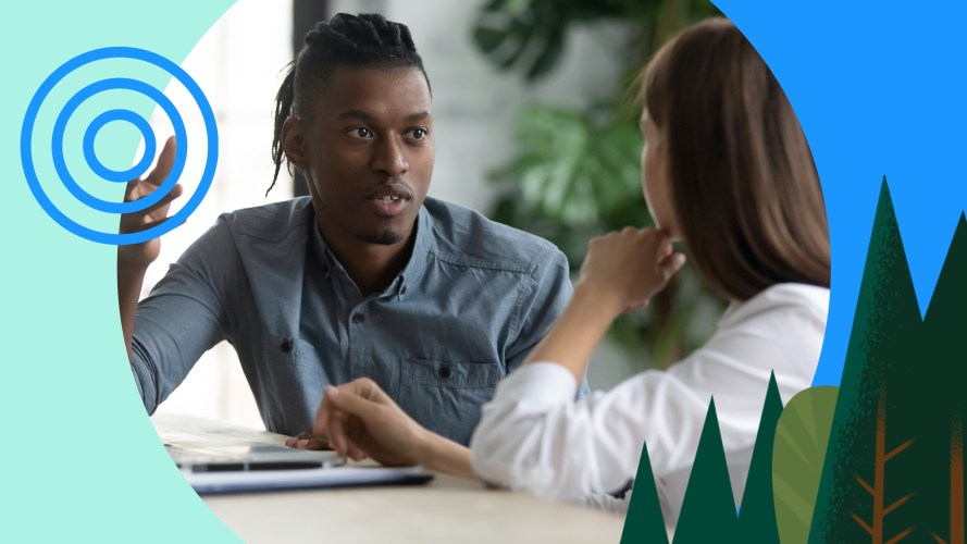 Challenger Sales: A man and a woman are having a conversation at a table.