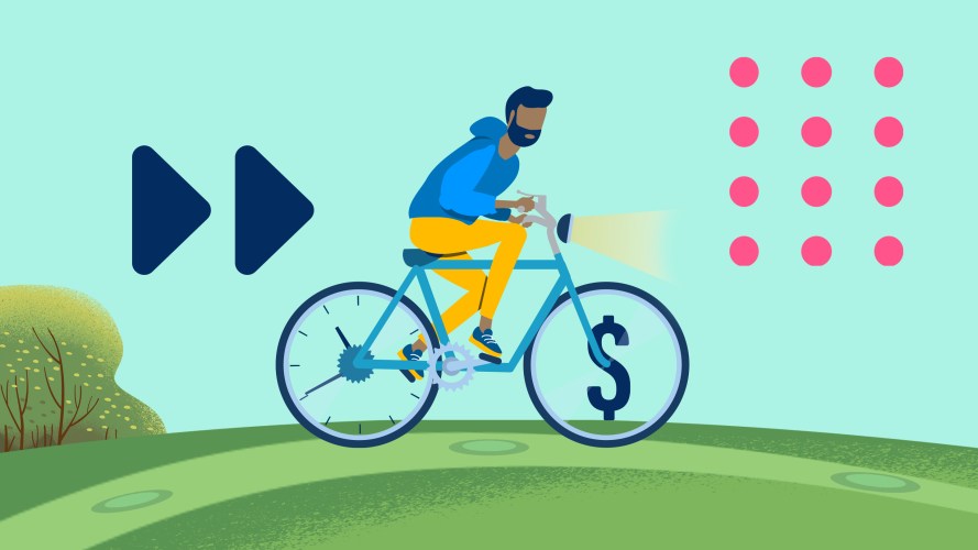 Customer Lifetime Value: A man rides a bicycle with a clock on one wheel and a dollar sign on the other.