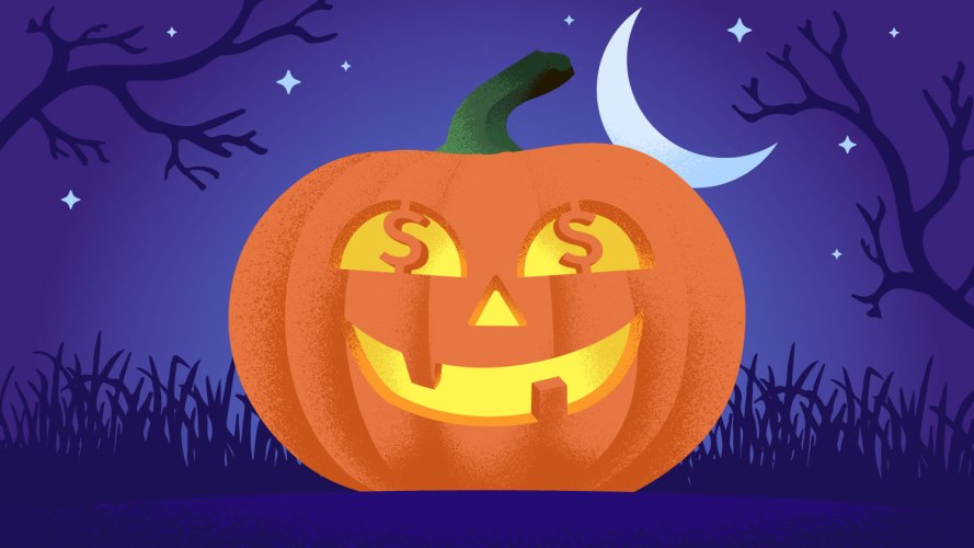 An illustrated jack o’lantern with dollar signs for eyes represents the potential for retail Halloween revenue.