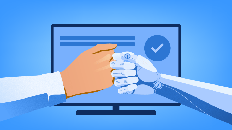 Illustration on a blue background of a person fistbumping a robotic hand / b2b marketing solutions